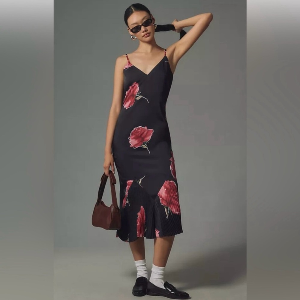 NWT Adelyn Rae Anthropologie Black Midi Dress with Rose Pattern